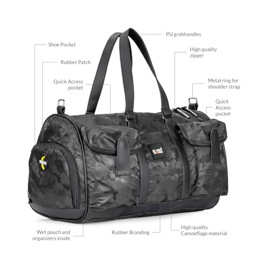 Image of MONKEY TROOPERS Roam Duffle Bag Black Camo 30L | Bike-mountable skin, wet pocket, shoe compartment, detachable sling, lightweight build, weekend trips, gym & sports use