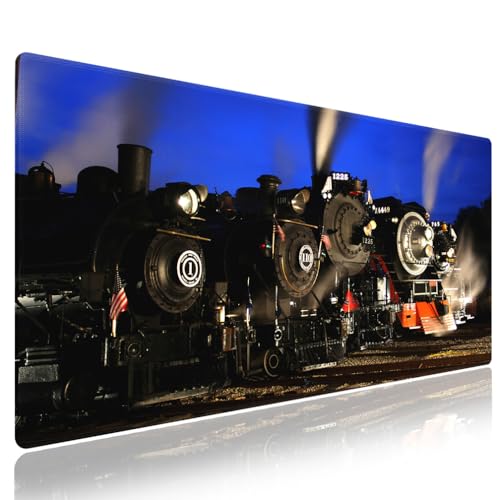 knseva. Large Gaming Mouse Pad with Stitched Edges, Steam Locomotives at Dusk A Nighttime View of Historic Trains, Anti-Slip Rubber Base & Smooth Fabric Surface XXL Extended Desk Mat