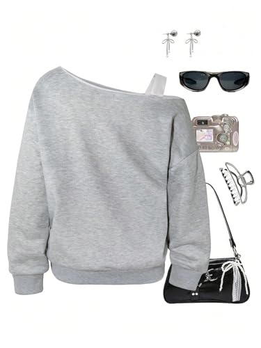 SHENHE Girl's Graphic Letter Print Off Shoulder Sweatshirt Asymmetrical Preppy Pullover Top2