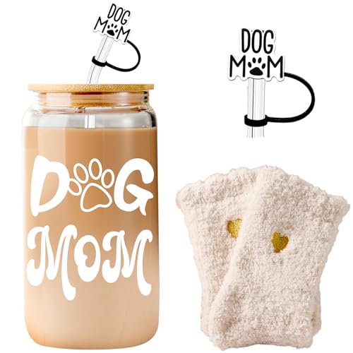Dog Mom Gifts for Women Mothers Day Best Dog Mom Gifts Basket Iced Coffee Glass Cup with Lid Straw
