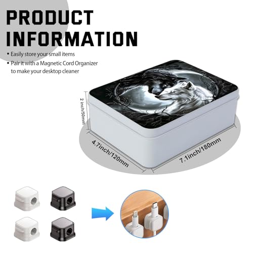 Image of Metal Tin Box with Lid,Multi-functional Storage Large Box Can Store Tea Biscuits Game Cards, Playing & Tarot Cards-Comes with 4 Magnetic Cord Clips,Black and White Twin Wolves