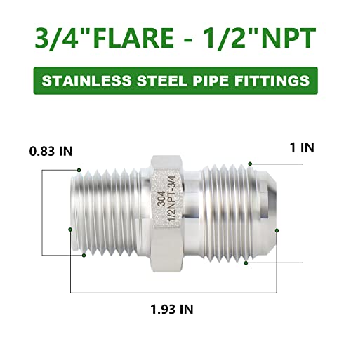 Image of TAISHER 5PCS Forging of 304 Stainless Steel Tube Flare Fittings, 3 /4 inch Male Flare x 1 /2 inch NPT Male, Half Union