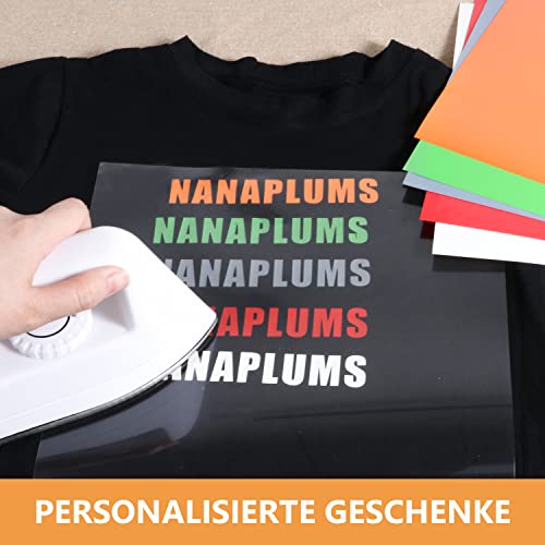 NANAPLUMS Plotterfolie Textil, Heat Transfer Vinyl, Flexfolie Plotter Textil, Druckmaschine für Kleidung Bügelfolie für Textilien Transferfolie zum Aufbügeln für DIY T-Shirt, Stoffe (50 Stück)