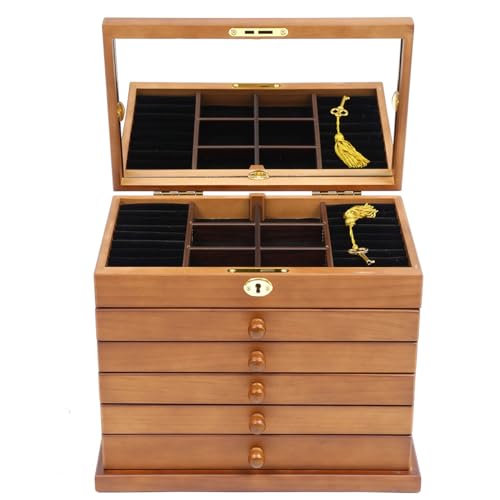 Grande Boîte à Bijoux en Bois Avec Miroir - Organiseur de Bijoux 6 Couches - Tiroirs et Doublure en Velours