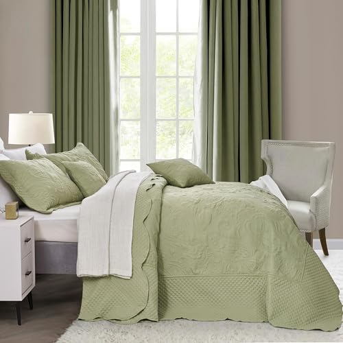 Image of Oversized King Bedspreads, Stitched Paisley, Sage Green