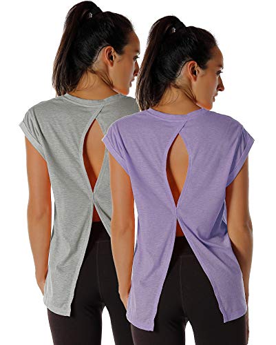 icyzone Damen Sport Top Fitness Yoga Shirt Rückenfrei Sommer Leichte Gym Top Sportshirt, 2er Pack (L, Grey/Lavender)