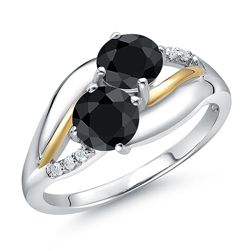 925 Sterling Silver and 10K Yellow Gold Black Sapphire and White Lab Grown Diamond 2 Stone Engagement Ring For Women (1.42 Cttw, Round 5MM, September Birthstone, Available In Size 5, 6, 7, 8, 9)