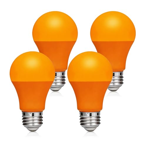 Orange Light Bulbs 9W LED 60W Equivalent E26 Base A19 Shape Colored Bulbs for Halloween Decorations Outdoor Indoor Amber Orange Glow for Christmas Party Patio Porch Bedroom Home Lighting 4-Pack