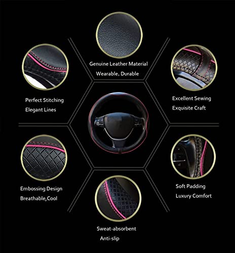 Image of Car Steering Wheel Cover, Anti-Slip, Safety, Soft, Breathable, Heavy Duty, Thick, Full Surround, Sports Style (Black with Pink Line)
