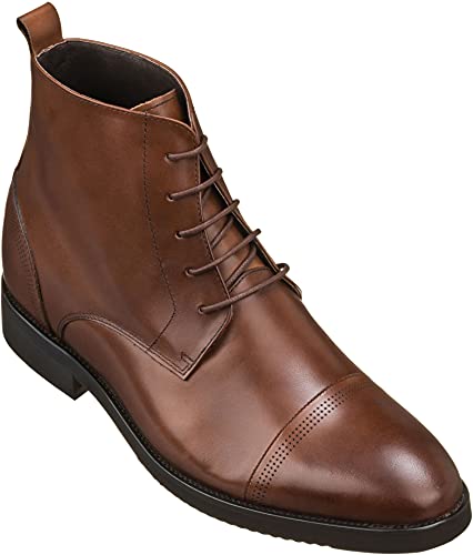 Image of CALTO Men's Invisible Height Increasing Elevator Shoes - Brown Premium Leather Lace-up Cap-Toe Dress Boots - 2.8 Inches Taller - K28004 - Size 9.5 D(M) US