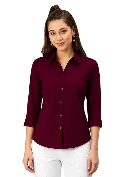 Image of Women's Formal Collared Shirt | Solid Office Wear Button-Up Top | Regular Fit 3 /4 Sleeve Business Shirt for Work & Casual Wear