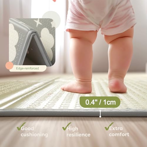 Extra Large Foldable Play Mat, Reversible Baby Play Mat with Edge Reinforcement, Non-Toxic & Waterproof Baby Mat for Floor, Foam Playmat for Infants Toddlers, Rainbow, Cloud & Moon, 50\'\'x50\'\'