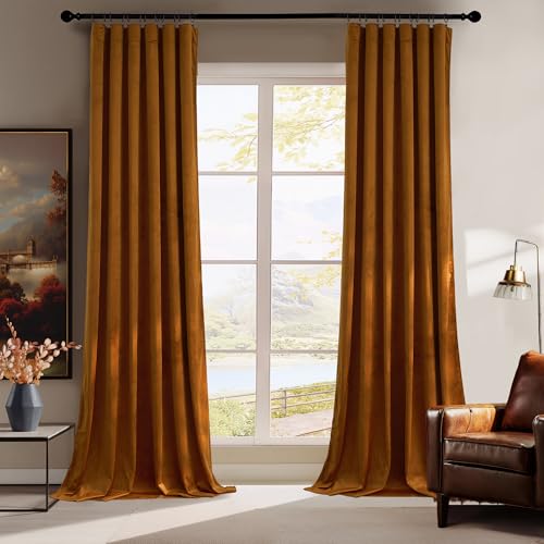 Image of RYB HOME Burnt Orange Fall Velvet Curtains for Living Room 84 inches Long | Thermal Insulated, Privacy UV Block, Noise Reducing, Energy Saving, Luxury Vintage Retro Window Decor, W52 x L84, 2 Panels