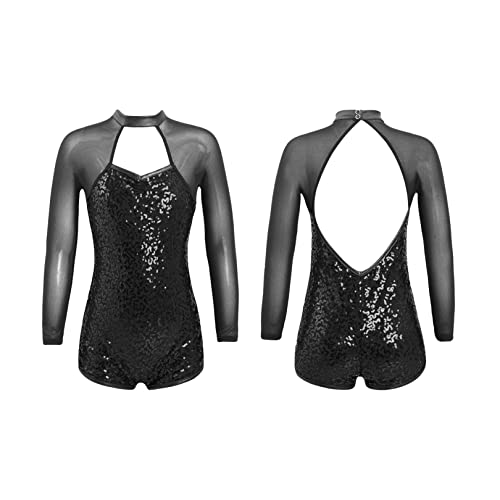 Feeshow Kids Girls Long Sleeve Sparkling Sequins Backless Dance Leotards Biketard Jumpsuit With Shorts Dance Black 10 Years #TOP4