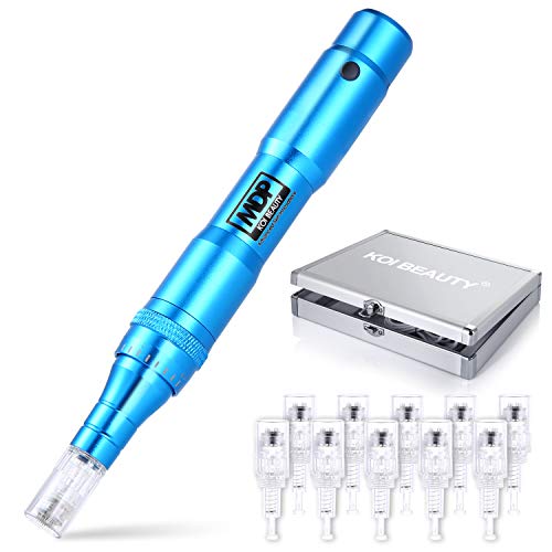 Koi Beauty Stylo à micro-aiguilles réglable de 0,25 à 2,0 mm, kit Dermapen à micro-aiguille avec 5 cartouches/10 tampons d'alcool de désinfection/30 protège-doigts sans fil et rechargeable Cover