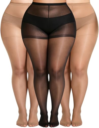Image of MERYLURE Plus Size Sheer Tights for Women,20D Control Top Pantyhose Reinforced Toes High Waist Stockings 3 Pairs 1XL-6XL