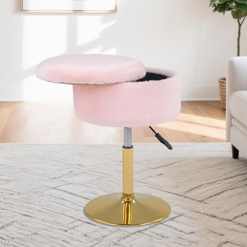 LITZFUR Adjustable Vanity Stool with Storage, 360° Swivel Gold Chair,