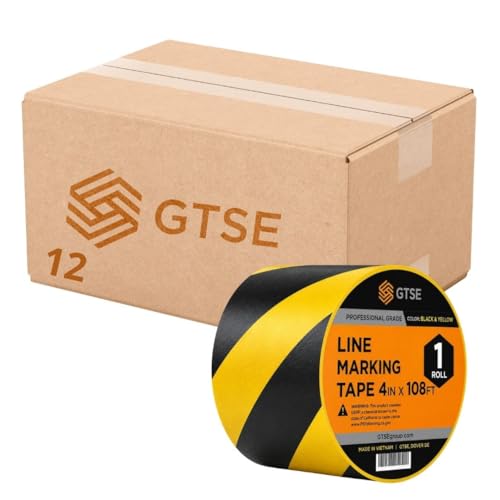 GTSE 4 inch x 108 ft Black &amp; Yellow PVC Vinyl Floor Tape, 12 Rolls, Safety Marking Tape, 6 mil Thick, Suitable for Dance Floors, Gyms, Warehouses, Sports Facilities