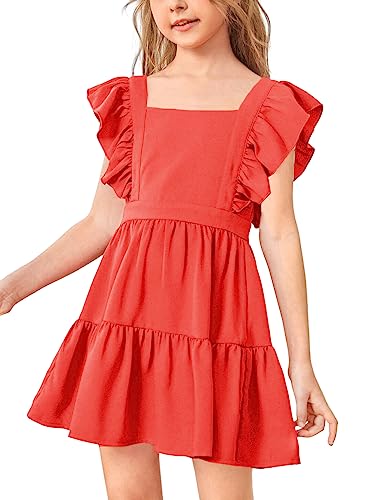 Imily Bela Girls Square Neck Summer Dress Ruffle Sleeve A-line Swing Casual Party Mini Dresses 5-14 Years Orange