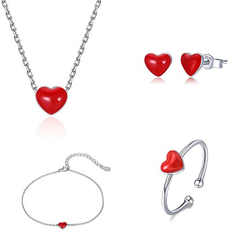 Preisvergleich Produktbild Damen-Schmuckset aus 100% 925er Sterlingsilber, Herzform, Rot
