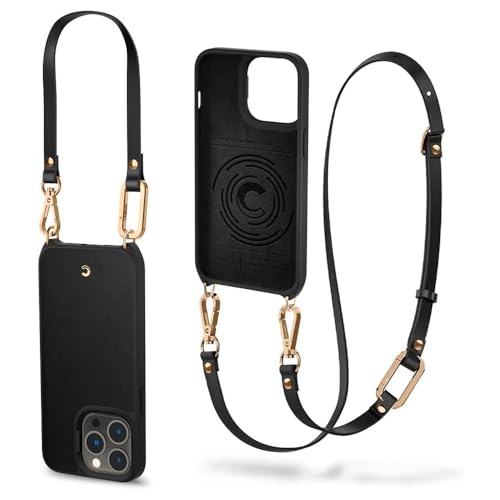 Image of Spigen Cyrill Classic Charm | iPhone 13 Pro Case | Crossbody Lanyard Strap iPhone 13 Pro Back Cover | Faux Leather+TPU+PC - Black