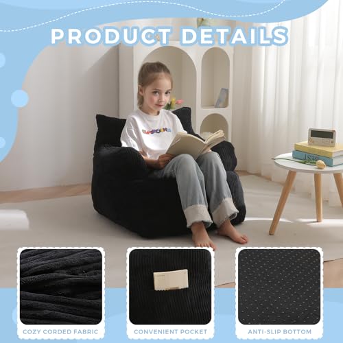 Image of MAXYOYO Kids Bean Bag Chair, Stuffed Bean Bag Sofa, Black, Standard | Bean Bag Chair for Boys and Girls, Lazy Sofa with Pocket Floor Chair for Gaming, Reading