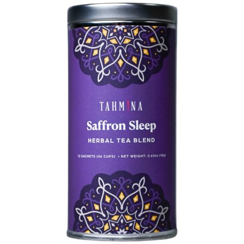 Tahmina Saffron Sleep Caffeine Free Tea: Soothing Chamomile and Lavender with Saffron, 12 Biodegradable Pyramid Tea Bags, Makes 36 Cups of Tea (1 Pack)