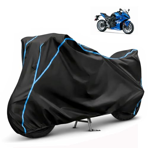 Image of Compatible with Suzuki GSX-8R Waterproof Two Wheeler Bike Body Cover Water Resistant, Heavy Duty, UV Rays, Dust & Scratch Protection for All-Modal & Variants (Black,Sky Blue Piping)
