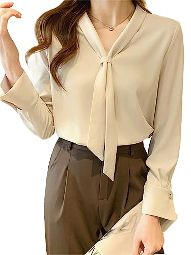 [AUSKY] 上質 レディース シャツ Vネック 長袖 ロング ゆったり リボンタイ 無地 シフォン パフスリーブ エレガンス すべすべ 柔らかい 涼しい 体型カバー 着瘦せ 学生 大人 春 夏 秋 通勤 お出かけ オフィス