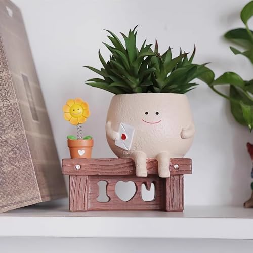 Pot de Fleurs en résine avec Visage Souriant, Pot décoratif pour Plantes Grasses avec Trou de Drainage, Unique sur Banc, décoration intérieure et extérieure, idée Cadeau pour Noël