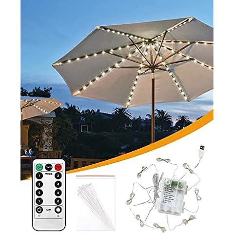 Gaoni Parasol Lights, 8 Modes Patio Umbrella Lights with 104 LEDs, Waterproof Garden Parasol Lights Battery Powered or USB Port, Dimmable with Timer Remote Control for Outdoor Decor (Warm White) Cover