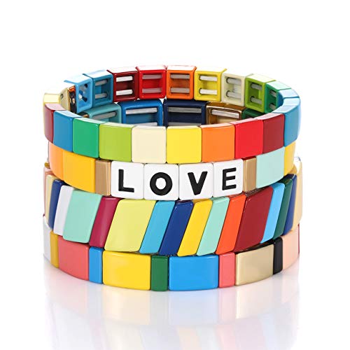 Enamel Tile Bracelet for Women Colorful Tile Bracelet Bohemian Beaded Stretch Bracelet Stackable Color Block Strand Letter Bracelet Set (Rainbow & Love)