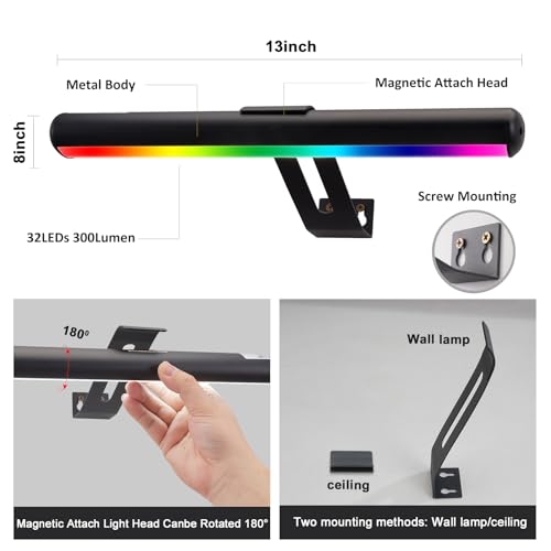 Image of Picture Light, Battery Operated Picture Light with Remote, Rechargeable Picture Frame Light, 32 LED, 16 Color Changing, Art Light for Paintings for Display, Picture-Black