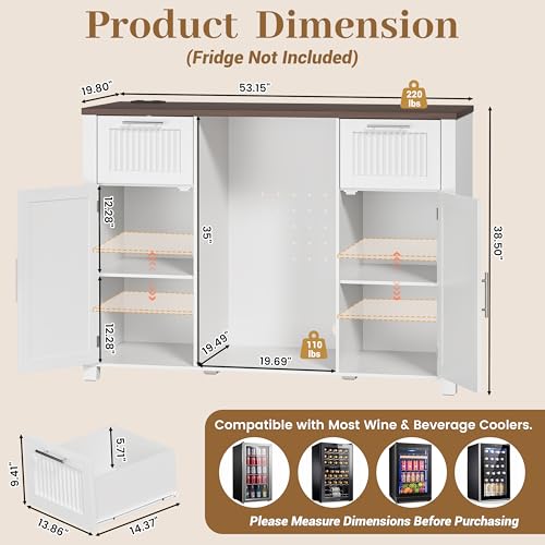 Image of 53 inch Long Fluted Mini Fridge Cabinet with Power Outlet & 2 Drawers, White
