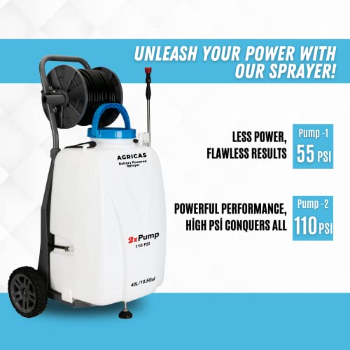 AGRICAS Battery Powered Sprayer with Double Professional Pump - 10.5 Gallon, Multifunctional Weed Sprayer for Lawn & Garden with Adjustable HD Wand and Nozzles, Portable Sprayer with Wheels