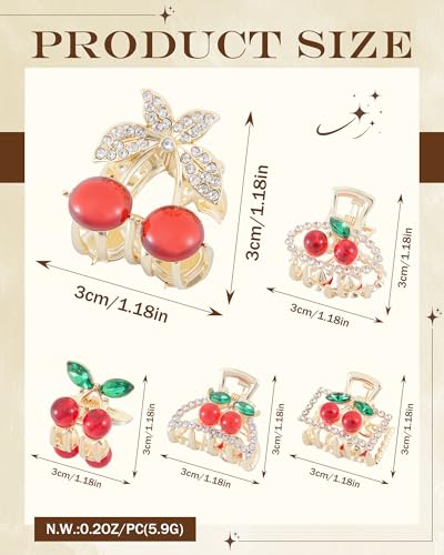 6PCS Rhinestones Cherry Small Hair Clips-Mini Claw Clips for Women, Metal Springs, Cute Hair Accessories for Updo and Half Up Styles (Oval Cherry) — view 3