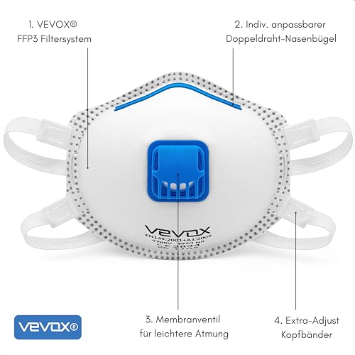 VEVOX® FFP3 Maske mit Ventil – 5er, 10er oder 20er Set – Staubmaske – Atemschutzmaske – Staubschutzmaske – Feinstaubmaske – Atemschutz z.B. gegen Feinstaub, Schimmel oder Asbest