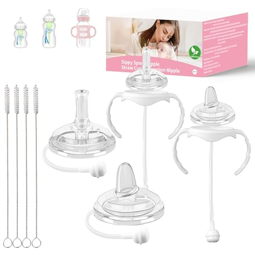 Guxetans 2+2 Straw and Sippy Cup Conversion Kit for Dr. Brown's Wide-Neck Baby Bottles, Weighted Sippy Cup Transition Kit with Handles for Kids, [Variable Flow] [Spill-Proof] [BPA-Free], 6m+
