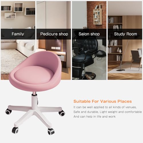 Image of Rolling Stool Chair with Backrest, Round PU Leather Adjustable Height Hydraulic Swivel Rolling Stool for Spa Salon Tattoo Massage Doctor Dental Medical Office Pink