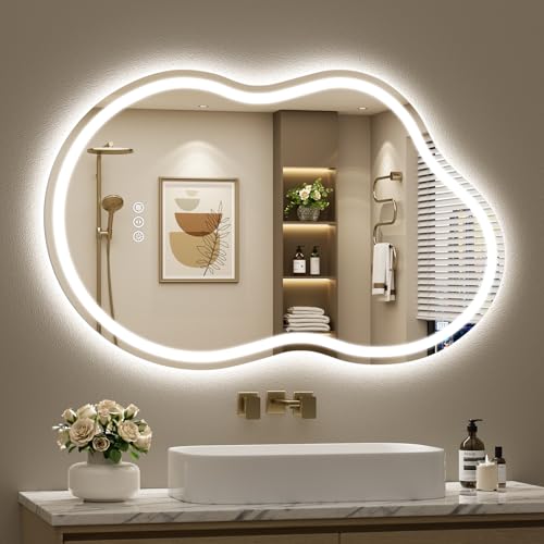 Image of 24x36 Inch Asymmetrical LED Bathroom Mirror with Lights, Backlit & Front-Lit, Anti-Fog, Irregular Cloud Lighted Bathroom Vanity Mirror for Wall, Dimmable, 3 Colors, Memory, HD Tempered Glass