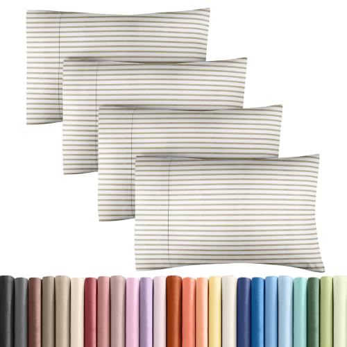 King Pillow Cases - 4 Pack Pillowcase Covers - 20" x 40" (Beige Stripes)