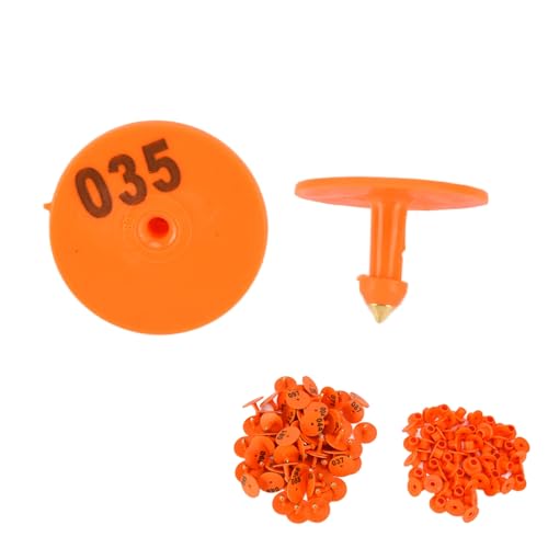 NSXAYIWE 100pcs Livestock Ear Tag Cattle Ear Tags, Anti Dropping Round Ear Tag with Numbered 001-100 Animal Identification Ear Tags (Orange)