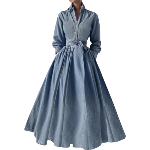 Dresses for Women Summer 2025 V Neck Long Sleeve A Line Casual Trendy Beach Denim Maxi Dress with Front Waist Tie