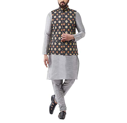 Image of SOJANYA (Since 1958 Men's Silk Blend Grey Kurta Pyjama & Printed Nehrujacket Combo