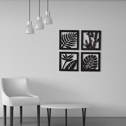 Image of 7 Decore Wooden 4 Pieces Square Tree Leaf Wall Art Panel Frame | Wall Hanging Decoration Items for Living Room, Bedroom, Drawing Room, Dining Room, Stairs, and Office. (Black) (Big Size)