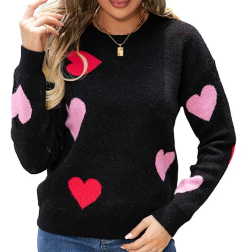 Image of Betrodi Women Heart Print Sweater Romantic Oversized Sweatshirt Valentine's Day Love Graphic Long Sleeve Pullover Tops (Black, L)