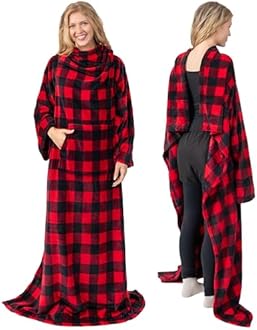 PAVILIA Blanket with Sleeves for Adult Women Men, Soft Warm Wearable Blanket Fleece Wrap Throw, Robe Blanket Gift, Checkered Red, Fleece
