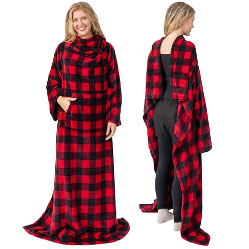 PAVILIA Blanket with Sleeves for Adult Women Men, Soft Warm Wearable Blanket Fleece Wrap Throw, Robe Blanket Gift, Checkered Red, Fleece