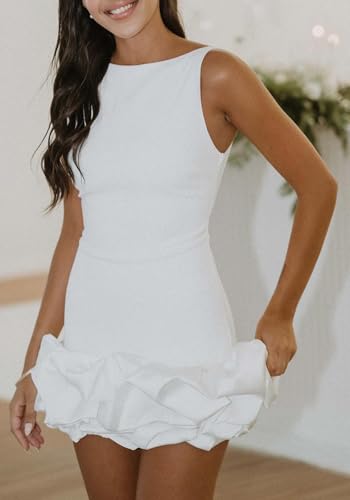 Image of Unybwonn Women Ruffle Bubble Mini Dress Sleeveless Ruched Hem Bodycon Dresses a Line Mock Neck Tank Short Dress