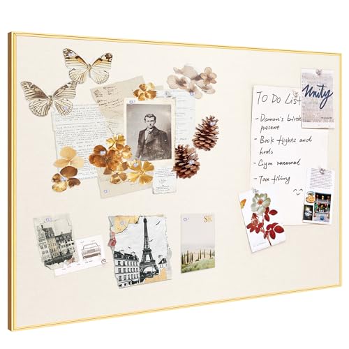 Lightomorrow Bulletin Board 40 x 30 inches, Oatmeal White Pin Board, Golden Aluminum Framed Fabric Cork Board with 10 Push Pins